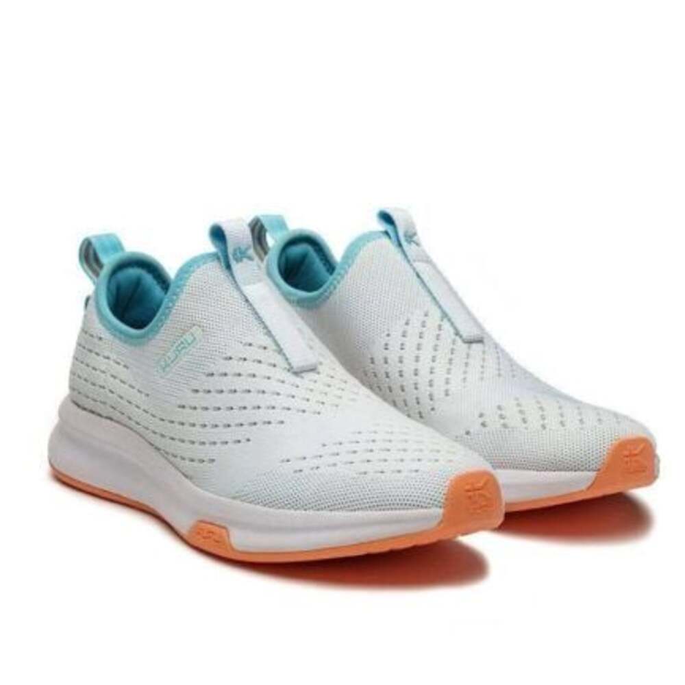 KURU Atom Women's Slip-On Athletic Walking Shoes in Bright White and Topaz Blue,